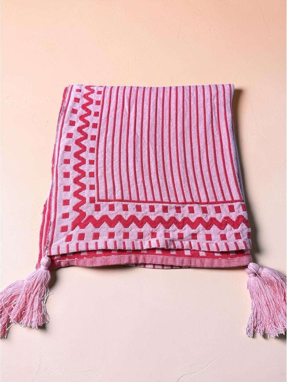 Pink Striped Bed Scarf Throw Blanket With Tassels, Chevron, Bubble Gum, 64x96in